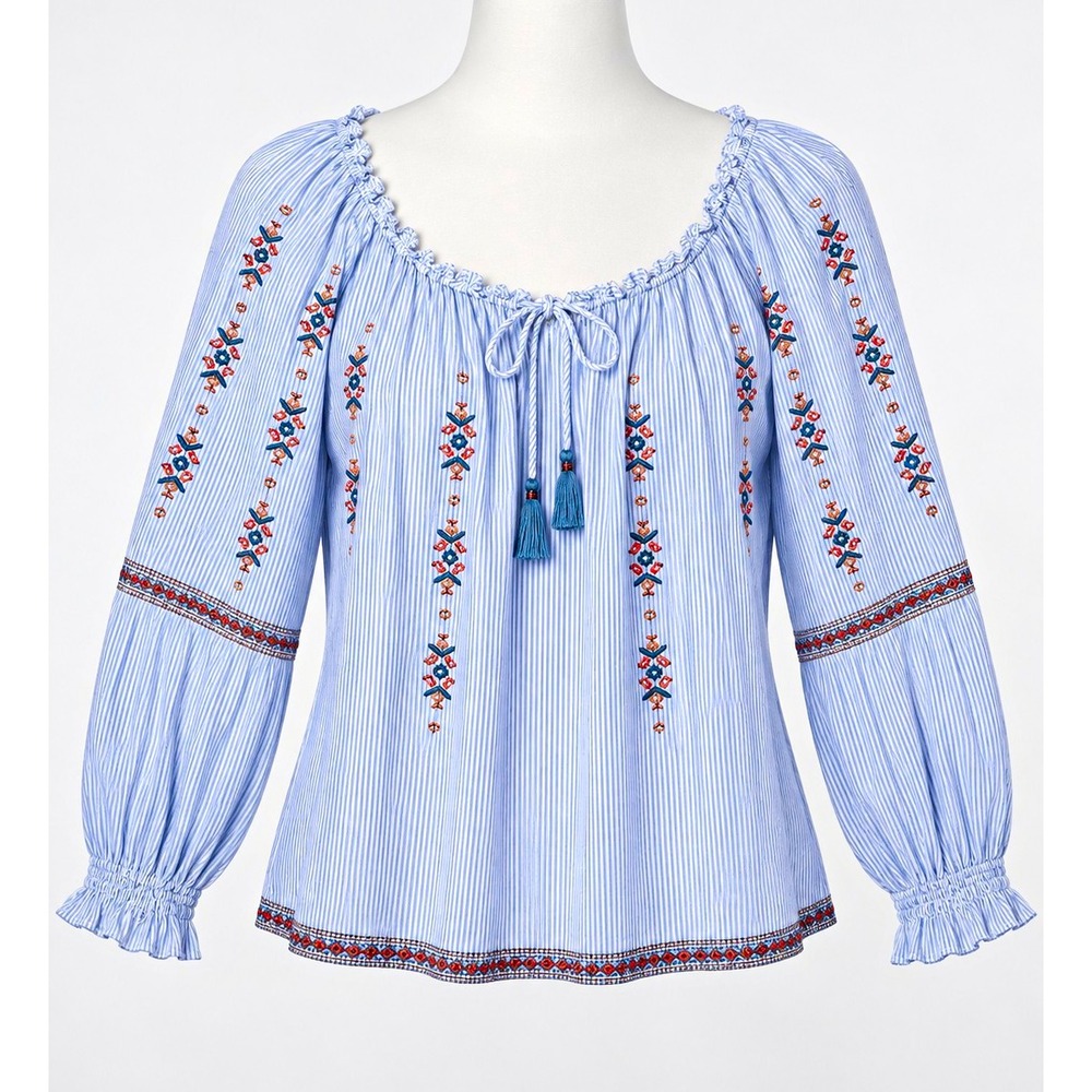 SUNCOO Paris Peasant Blouse Blue/White Striped Cotton Tie Neck. Size M